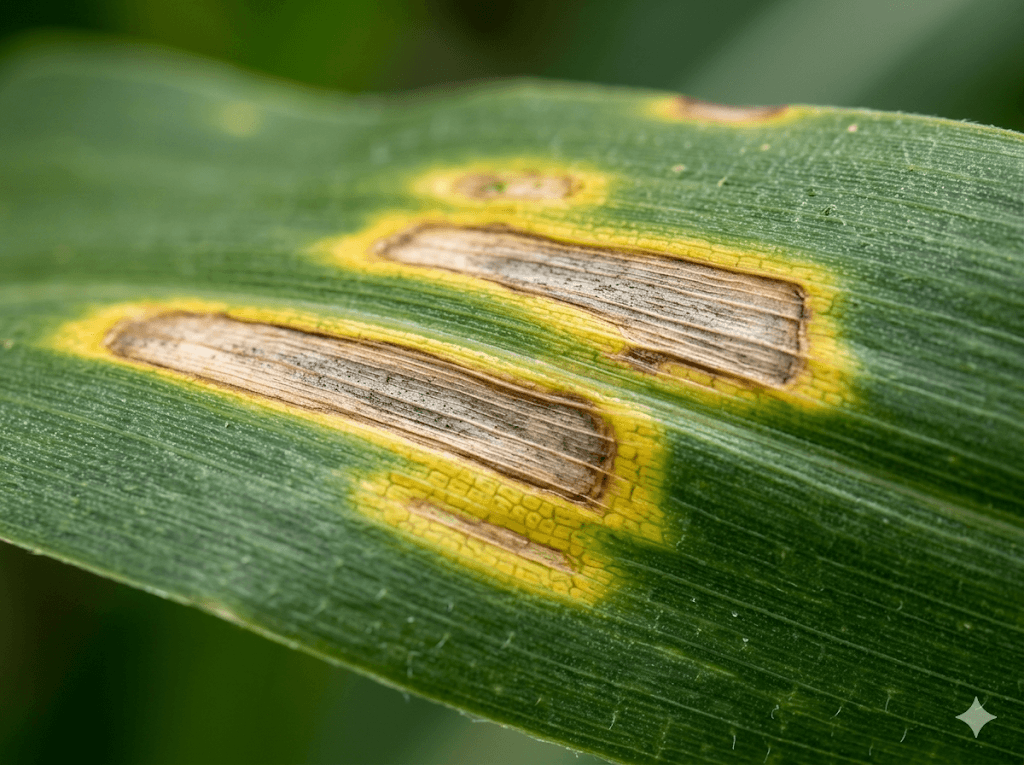 Maize leaf showing gray leaf spot disease with characteristic rectangular lesions