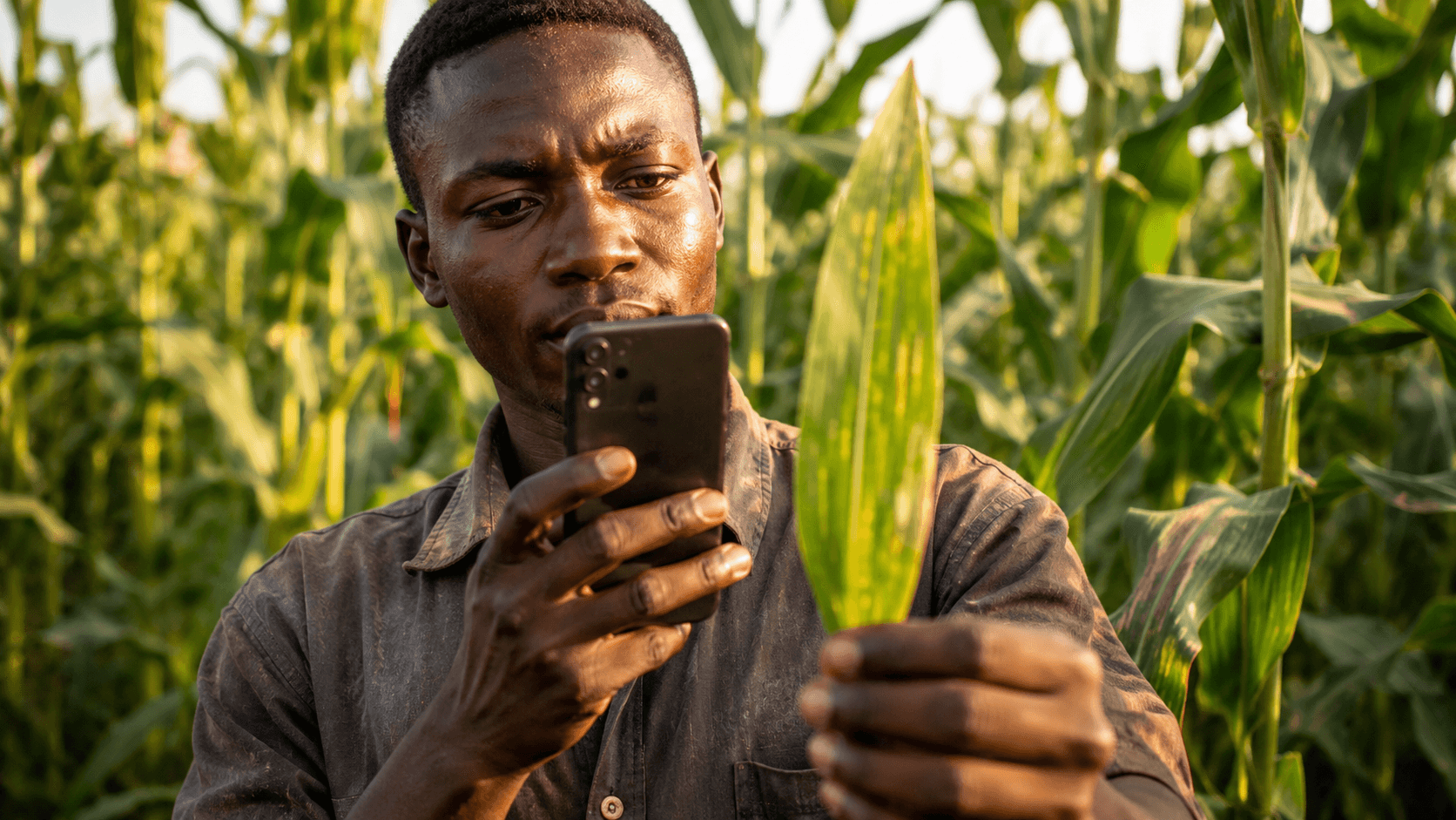 Farmer using MaizAI to diagnose a maize leaf in the field