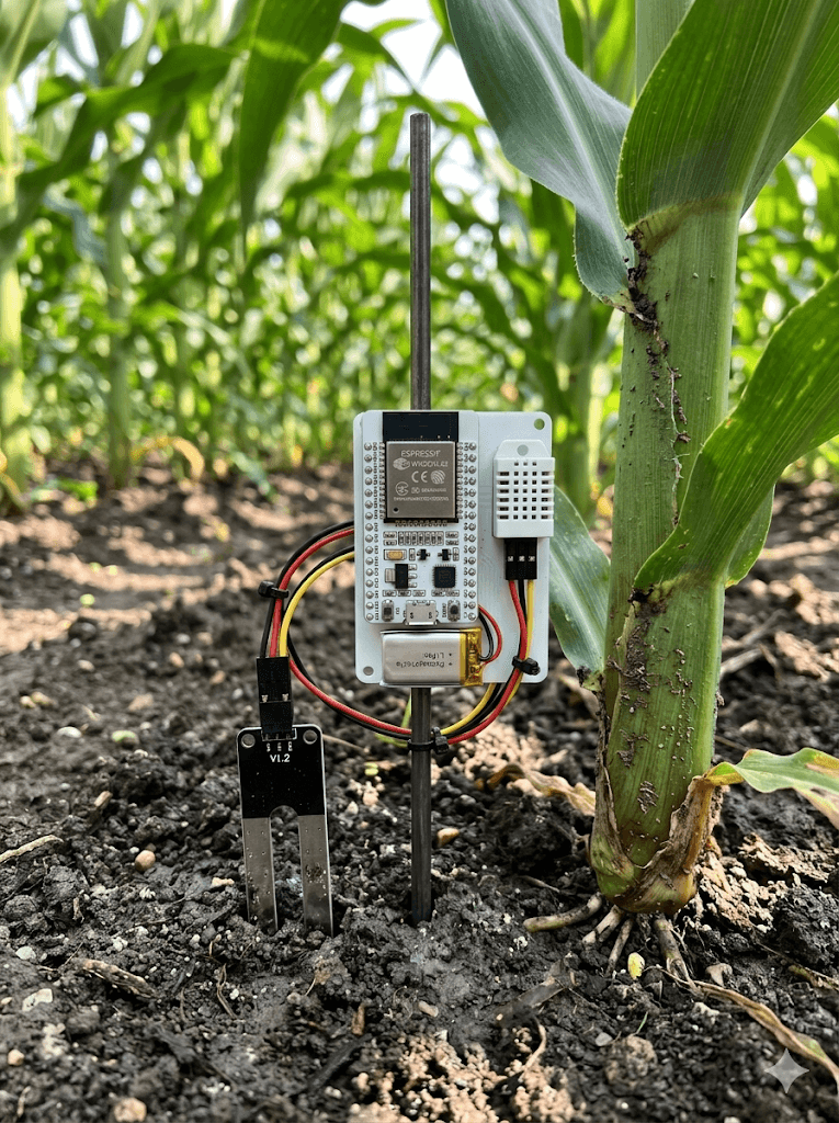 ESP32 environmental sensor node with soil moisture probe deployed at the base of a maize stalk